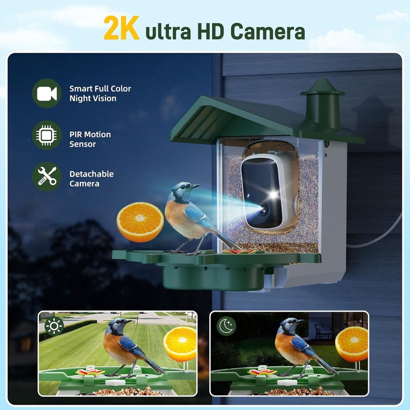 INKCKU Smart Bird Feeder with Camera, Solar Powered WiFi WildBird Watching Camera with AI Bird Recognition, 2K Auto Capture, Vicohome App Alerts, Outdoor Garden Decor Gift for Dad Mom BirdLovers (Green) - Image 4